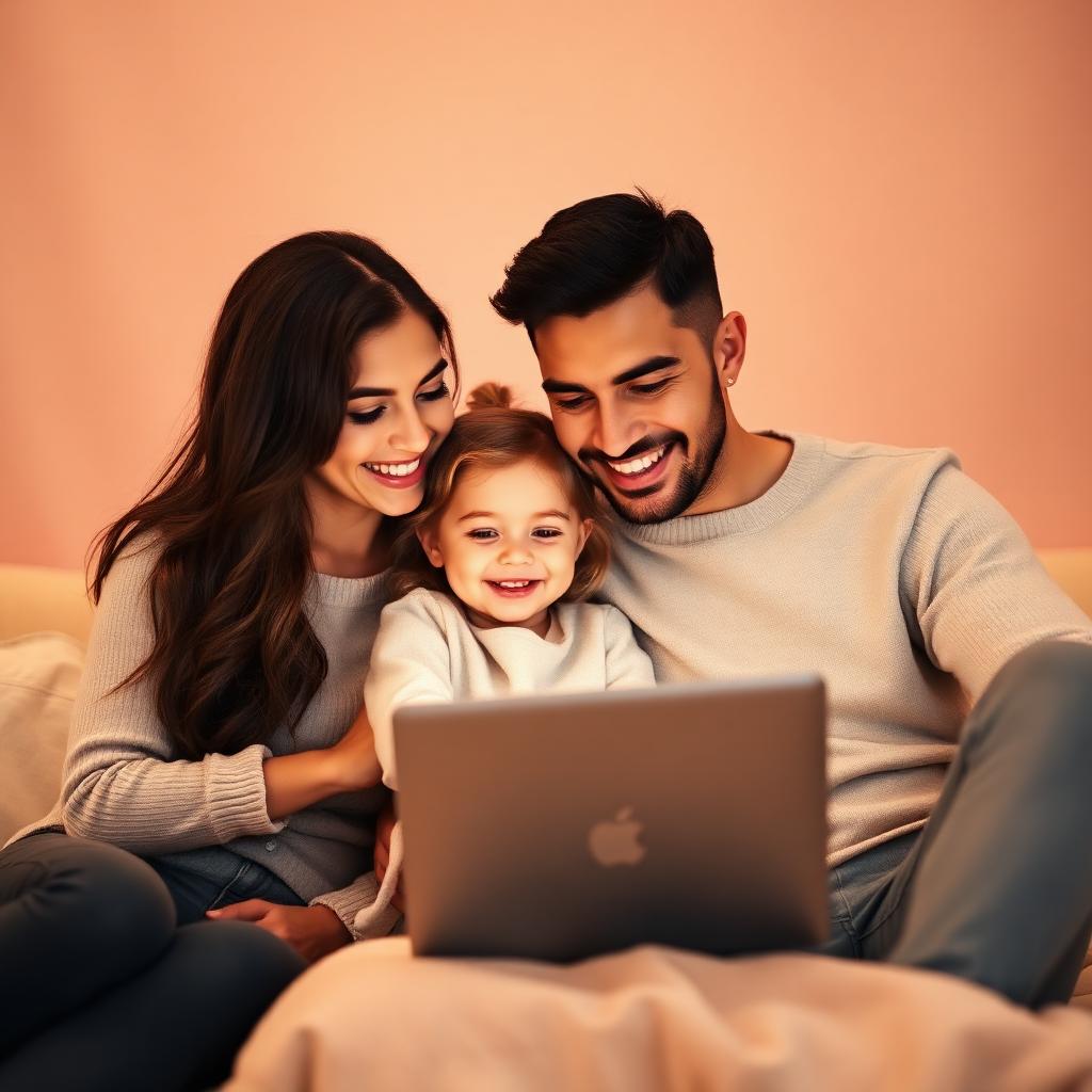 Familie fericită care caută idei de petrecere pe laptop